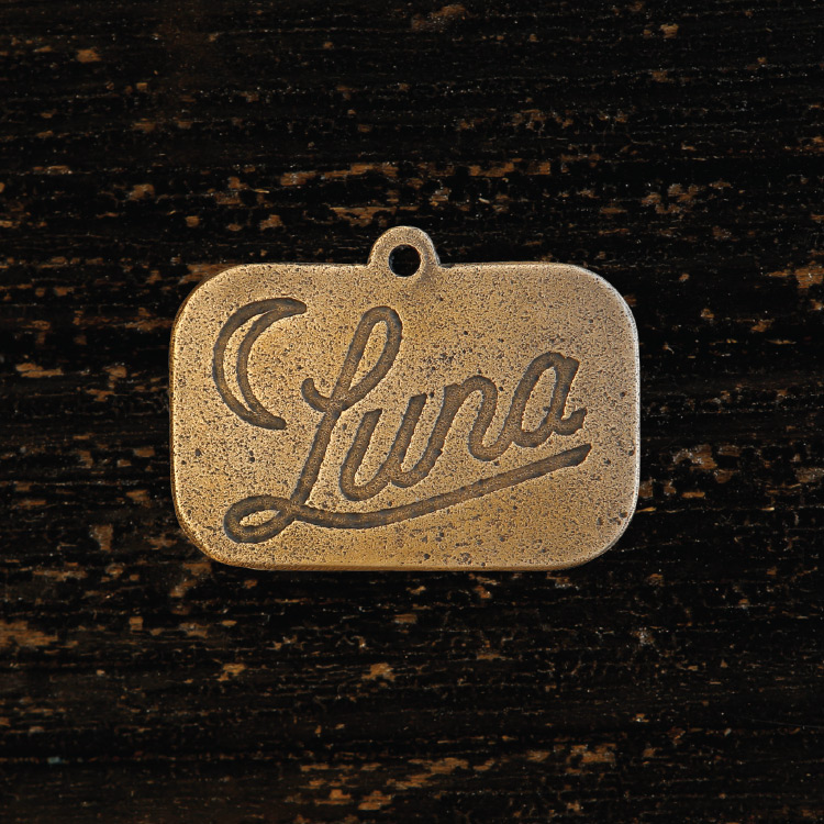 Custom dog tag script and moon illustration—by Hunter Oden of oden.house and metalsmith, Myriam Saavedra