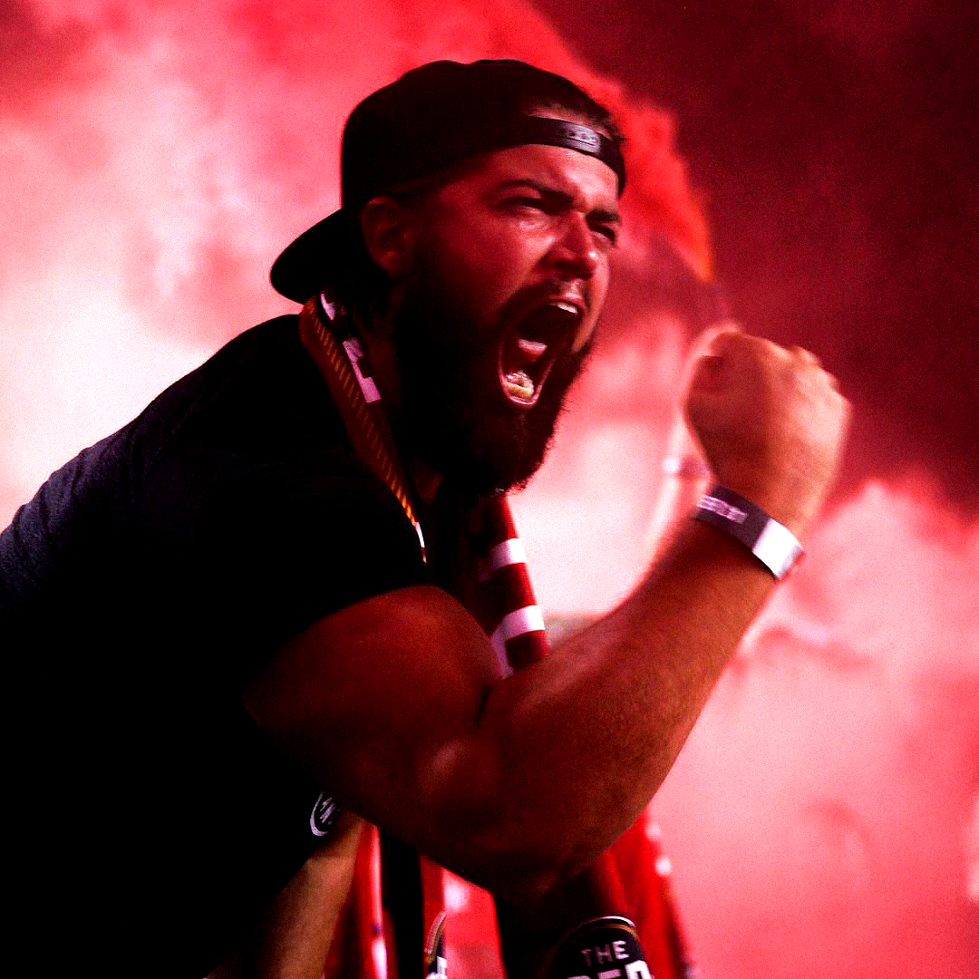 Ryan Stallings, founder of The Red Watch supporting the Rangers at War Memorial Stadium