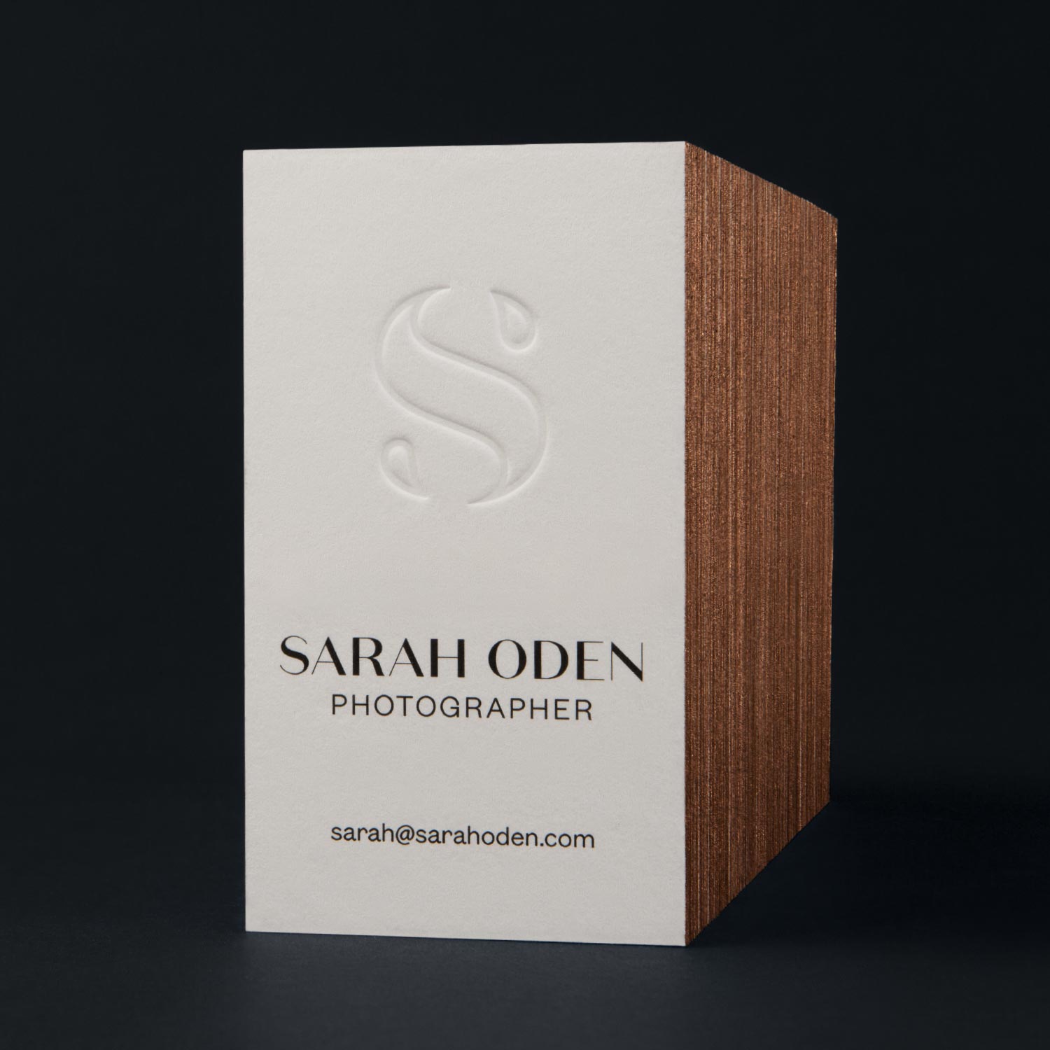 Sarah Oden Photographer luxury business cards with embossed logo and painted edges—by Hunter Oden of oden.house