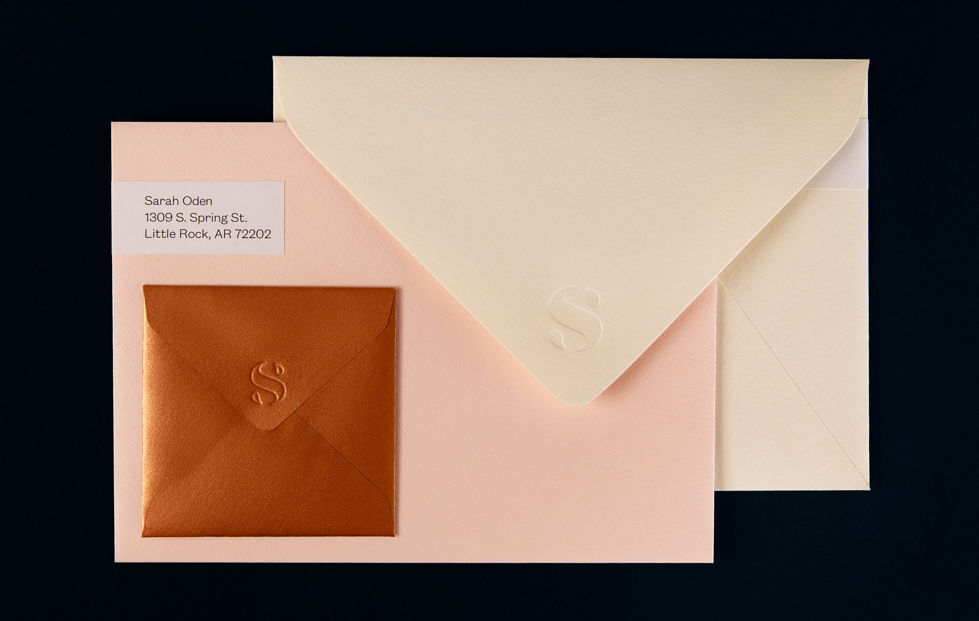 Sarah Oden Photographer debossed envelopes and stationery pieces made by The Part-Time Press